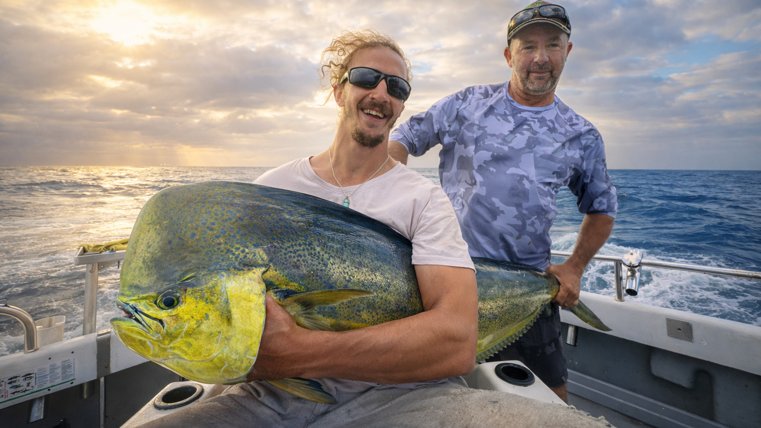 Two men on a boat with one holding a large Dolphin fish - Mahi Mahi, smiling at the camera.